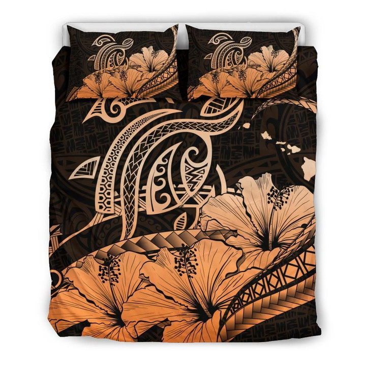 Alohawaii Bedding Set - Cover and Pillow Cases Hawaiian Map Hibiscus Turtle Polynesian Orange- | Alohawaii.co