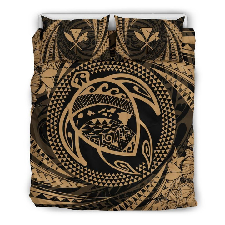 Alohawaii Bedding Set - Cover and Pillow Cases Hawaiian Kanaka Honu Hibiscus Tornado Gold Polynesian JD | Alohawaii.co