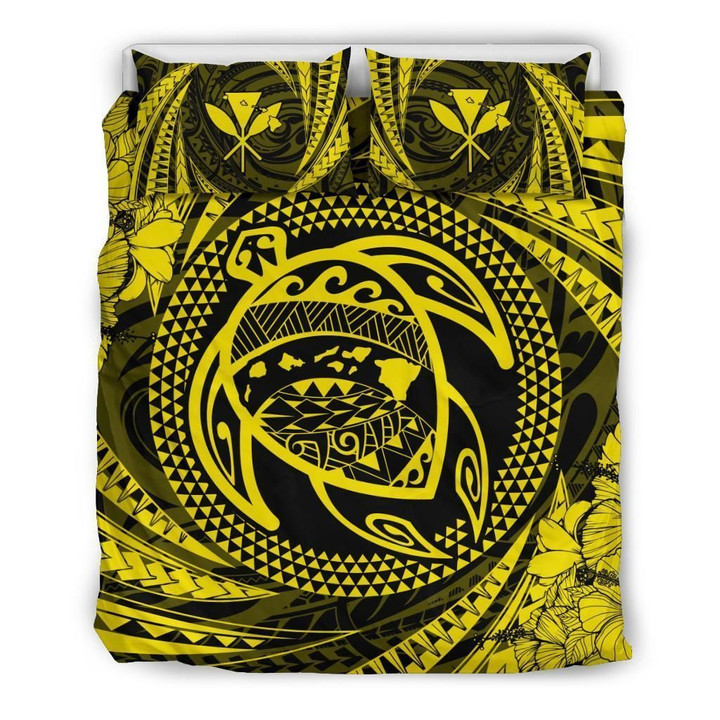 Alohawaii Bedding Set - Cover and Pillow Cases Hawaiian Kanaka Honu Hibiscus Tornado Yellow Polynesian JD | Alohawaii.co