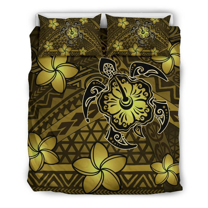 Alohawaii Bedding Set - Cover and Pillow Cases Hawaii Mix Polynesian Turtle Plumeria- Nick Style - Yellow | Alohawaii.co