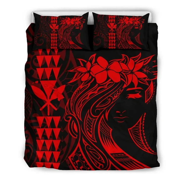 Alohawaii Home Set - Hawaii Map Kanaka Polynesian Hula Girl Bedding Set - Red - AH - J5