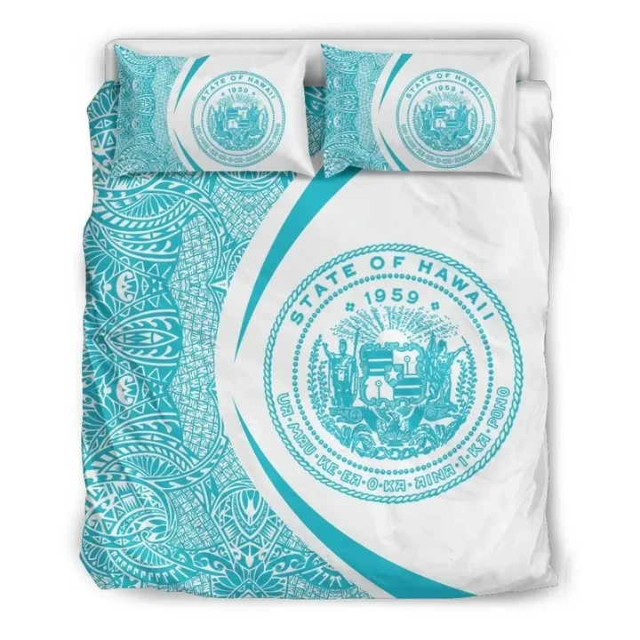 Alohawaii Bedding Set - Cover and Pillow Cases Hawaiian Map Coat Of Arms Polynesian Circle Style Blue And White | Alohawaii.co