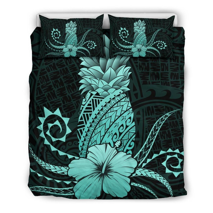 Alohawaii Bedding Set - Cover and Pillow Cases Hawaii Polynesian Pineapple Hibiscus - Zela Style Turquoise | Alohawaii.co