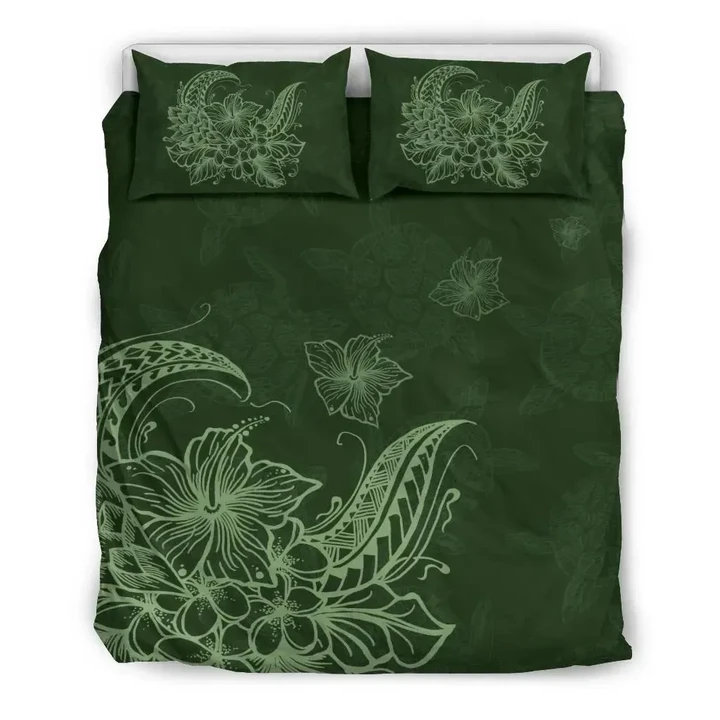Alohawaii Bedding Set - Cover and Pillow Cases Hawaiian Hibiscus Polynesian Turtle Background  Green- | Alohawaii.co