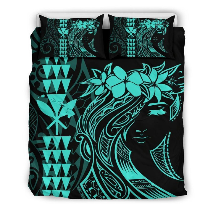 Alohawaii Bedding Set - Cover and Pillow Cases Hawaii Map Kanaka Polynesian Hula Girl - Turquoise | Alohawaii.co