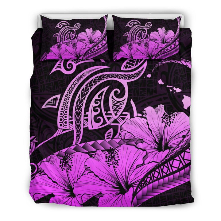 Alohawaii Bedding Set - Cover and Pillow Cases Hawaiian Map Hibiscus Turtle Polynesian Pink- | Alohawaii.co