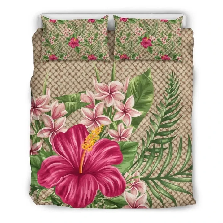 Alohawaii Bedding Set - Cover and Pillow Cases Hawaiian Hibiscus Plumeria Palm Leaves Lauhala Background Polynesian | Alohawaii.co