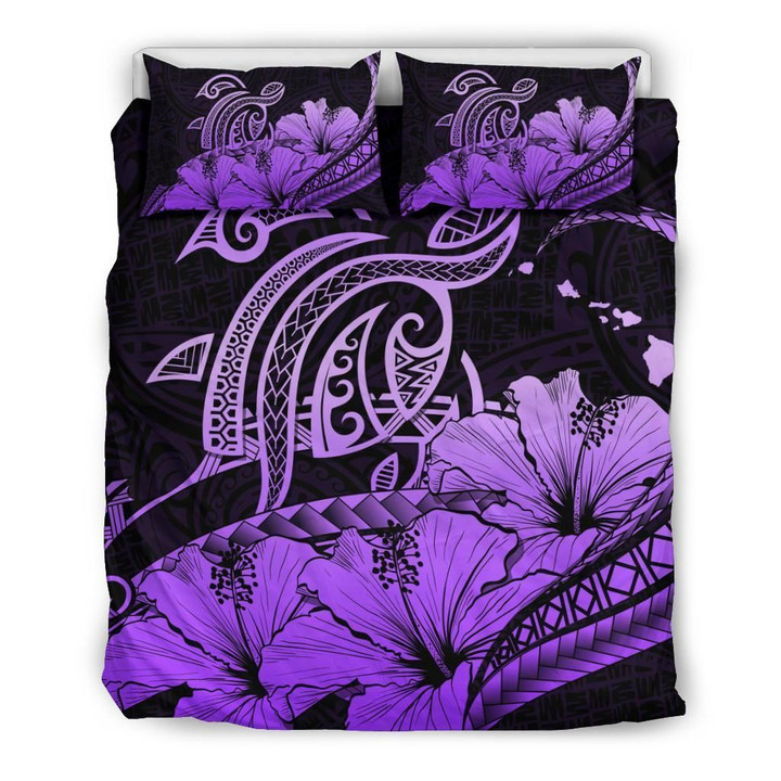 Alohawaii Bedding Set - Cover and Pillow Cases Hawaiian Map Hibiscus Turtle Polynesian Violet- | Alohawaii.co