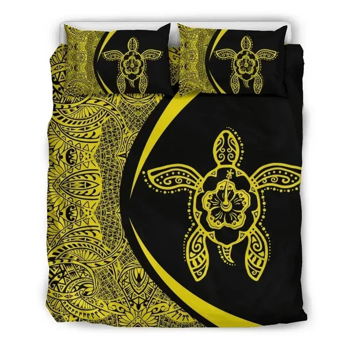 Alohawaii Bedding Set - Cover and Pillow Cases Hawaiian Hibiscus Turtle Polynesian Circle Style Yellow | Alohawaii.co