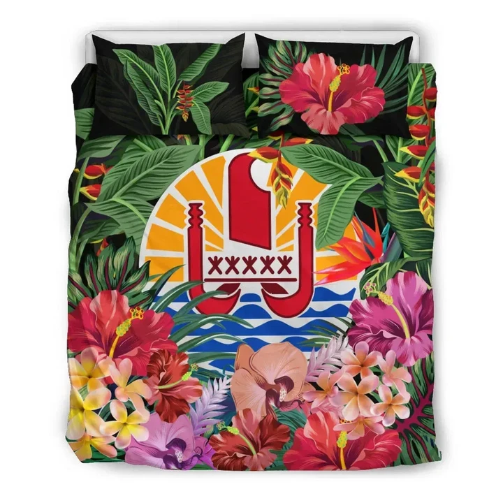Alohawaii Bedding Set - Cover and Pillow Cases Tahiti - Coat Of Arms Tropical Flowers And Banana Leaves | Alohawaii.co
