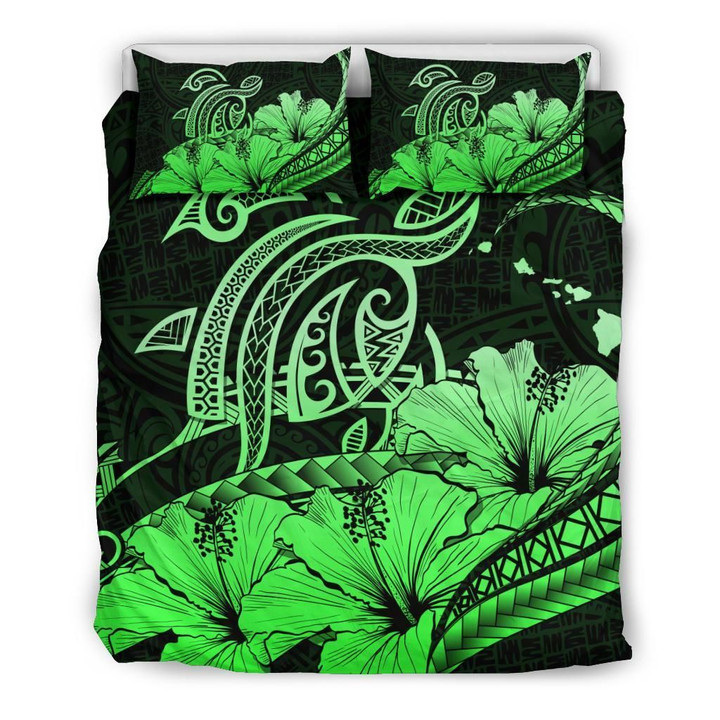 Alohawaii Bedding Set - Cover and Pillow Cases Hawaiian Map Hibiscus Turtle Polynesian Green- | Alohawaii.co