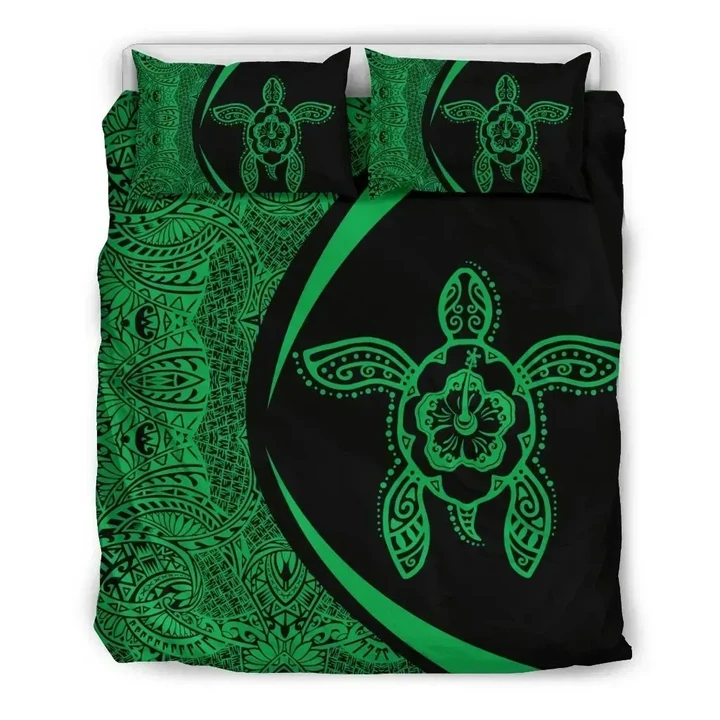 Alohawaii Bedding Set - Cover and Pillow Cases Hawaiian Hibiscus Turtle Polynesian Circle Style Green | Alohawaii.co