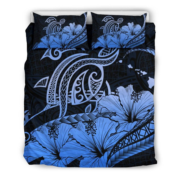 Alohawaii Bedding Set - Cover and Pillow Cases Hawaiian Map Hibiscus Turtle Polynesian Blue- | Alohawaii.co