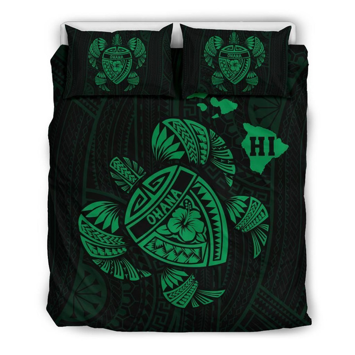 Alohawaii Bedding Set - Cover and Pillow Cases Hawaiian Map Turtle Ohana Hibicus Polynesian - Green | Alohawaii.co