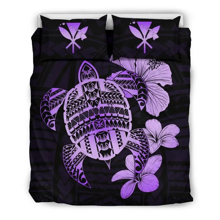 Alohawaii Home Set - Hawaiian Kanaka Hibiscus Plumeria Mix Polynesian Turtle Bedding Set Violet AH J1