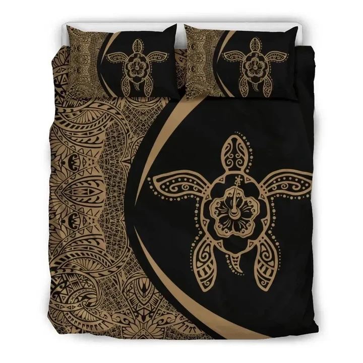 Alohawaii Bedding Set - Cover and Pillow Cases Hawaiian Hibiscus Turtle Polynesian Circle Style Gold And Black | Alohawaii.co