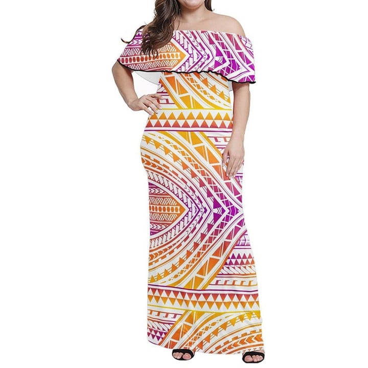 Alohawaii Dress - Tribal Polynesian Colorful Off Shoulder Long Dress