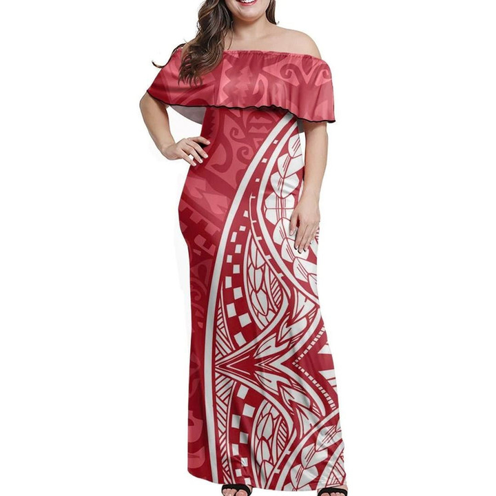 Alohawaii Dress - Polynesian Red Curve Off Shoulder Long Dress