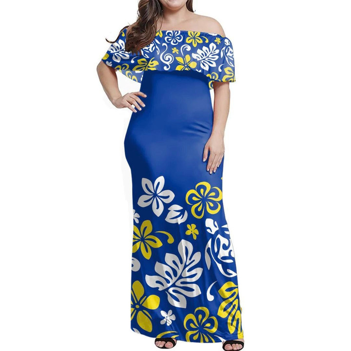 Alohawaii Dress - Traditional Blue Off Shoulder Long Dress