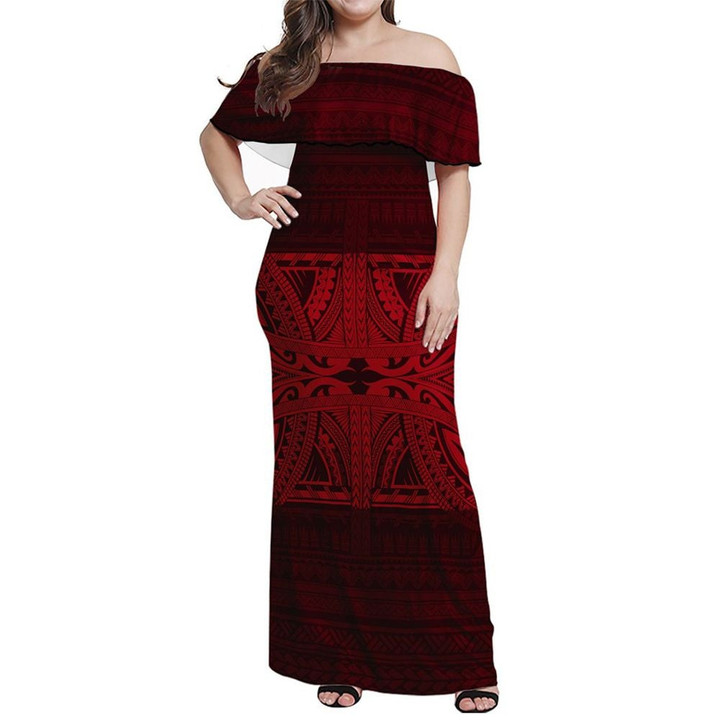 Alohawaii Dress - Tribal Mix Polynesian Culture Red Off Shoulder Long Dress
