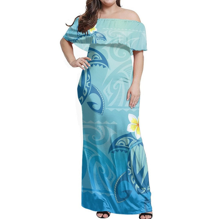 Alohawaii Dress - Hawaii Plumeria Deep Blue Turtle Off Shoulder Long Dress