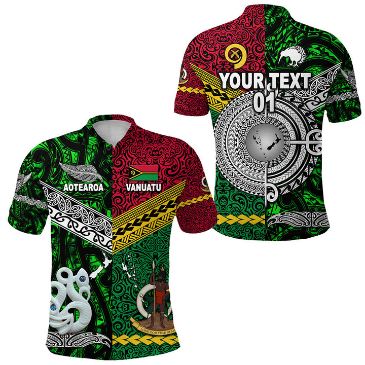 (Custom Personalised) Vanuatu And New Zealand Polo Shirt Together - Green, Custom Text And Number