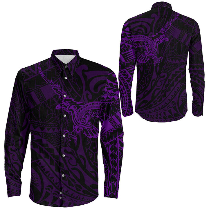 Alohawaii Clothing - Polynesian Tattoo Style Crow - Purple Version Long Sleeve Button Shirt A7 | Alohawaii