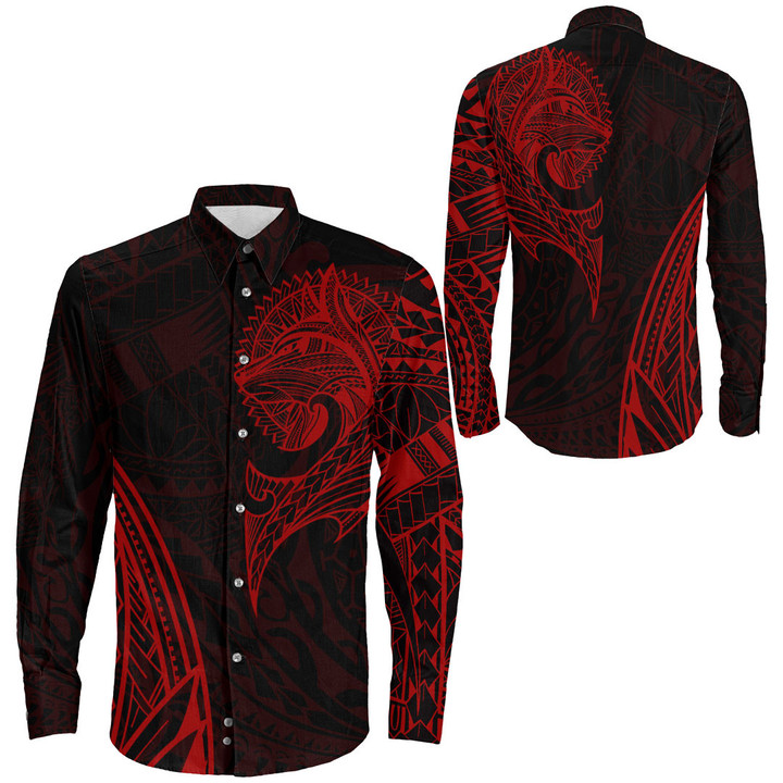 Alohawaii Clothing - Polynesian Tattoo Style Wolf - Red Version Long Sleeve Button Shirt A7 | Alohawaii