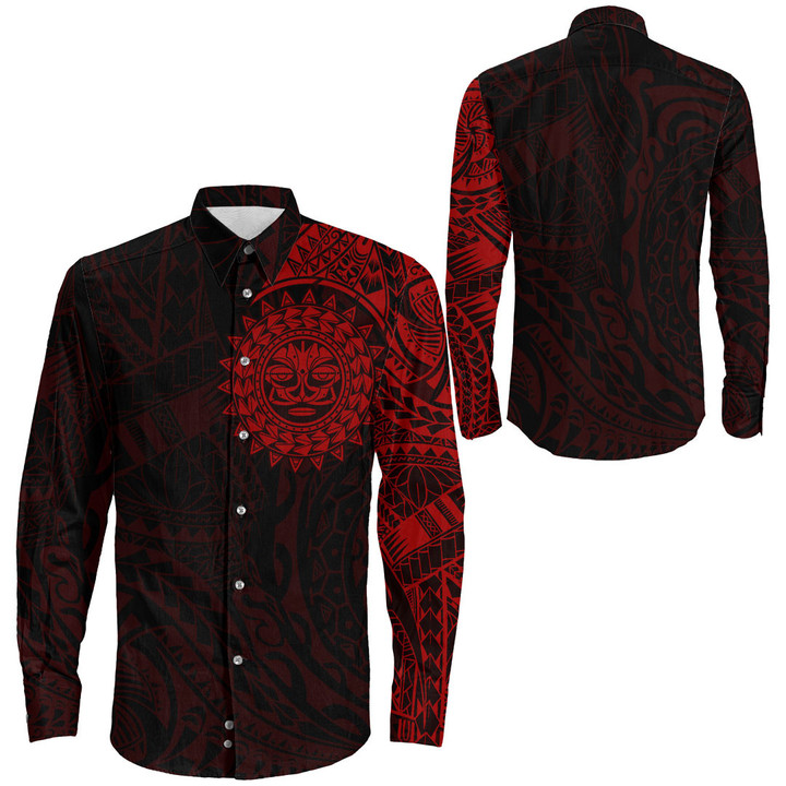 Alohawaii Clothing - Polynesian Sun Tattoo Style - Red Version Long Sleeve Button Shirt A7 | Alohawaii