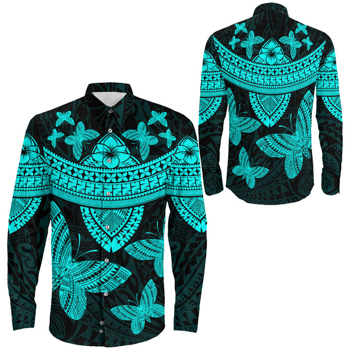 Alohawaii Clothing - Polynesian Tattoo Style Butterfly - Cyan Version Long Sleeve Button Shirt A7 | Alohawaii
