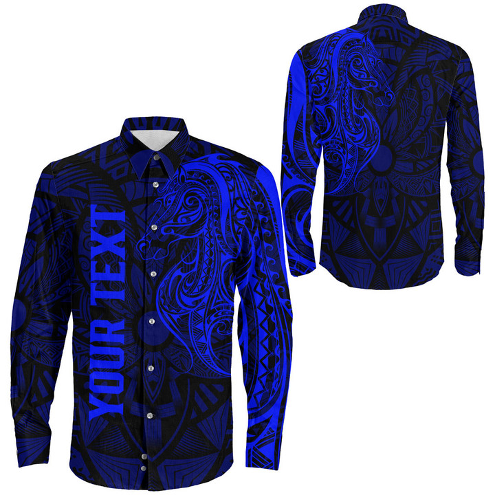 Alohawaii Clothing - (Custom) Polynesian Tattoo Style Horse - Blue Version Long Sleeve Button Shirt A7 | Alohawaii