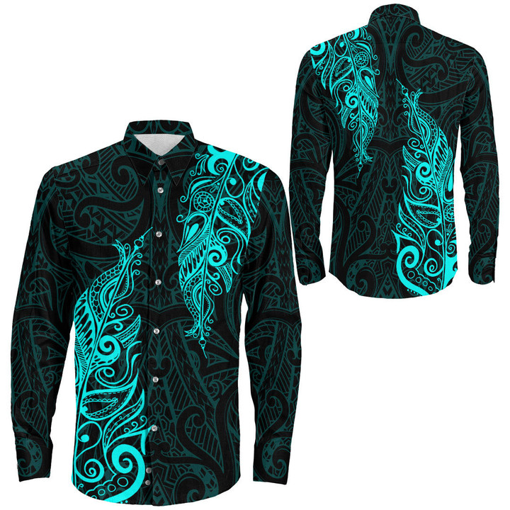 Alohawaii Clothing - Polynesian Tattoo Style Maori Silver Fern - Cyan Version Long Sleeve Button Shirt A7 | Alohawaii