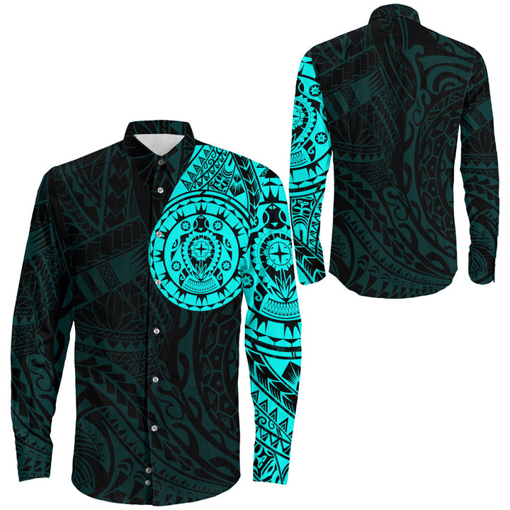Alohawaii Clothing - Polynesian Tattoo Style Turtle - Cyan Version Long Sleeve Button Shirt A7 | Alohawaii