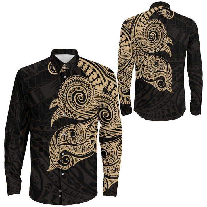 Alohawaii Clothing - Polynesian Tattoo Style Tatau - Gold Version Long Sleeve Button Shirt A7 | Alohawaii