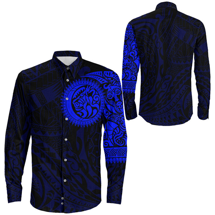 Alohawaii Clothing - Polynesian Tattoo Style Tattoo - Blue Version Long Sleeve Button Shirt A7 | Alohawaii