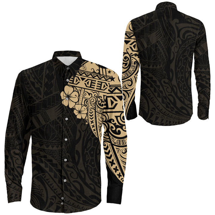 Alohawaii Clothing - Polynesian Tattoo Style Melanesian Style Aboriginal Tattoo - Gold Version Long Sleeve Button Shirt A7 | Alohawaii