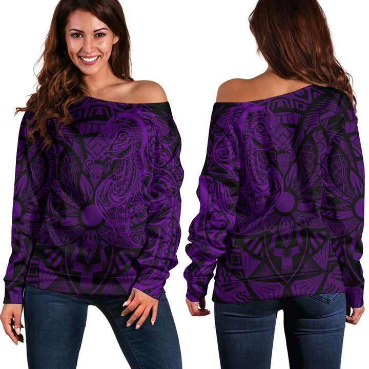 Alohawaii Clothing - Polynesian Tattoo Style Horse - Purple Version Off Shoulder Sweater A7 | Alohawaii