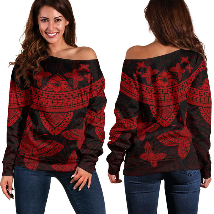 Alohawaii Clothing - Polynesian Tattoo Style Butterfly - Red Version Off Shoulder Sweater A7 | Alohawaii