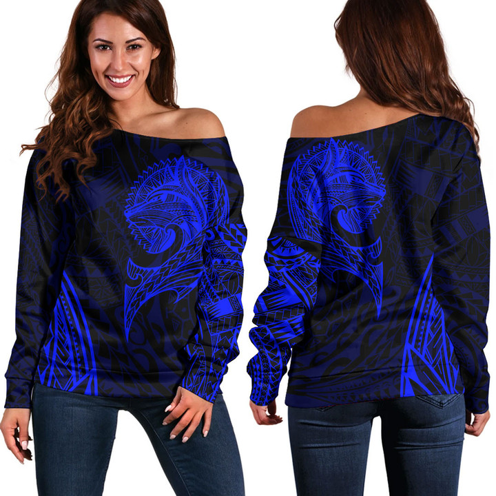 Alohawaii Clothing - Polynesian Tattoo Style Wolf - Blue Version Off Shoulder Sweater A7 | Alohawaii