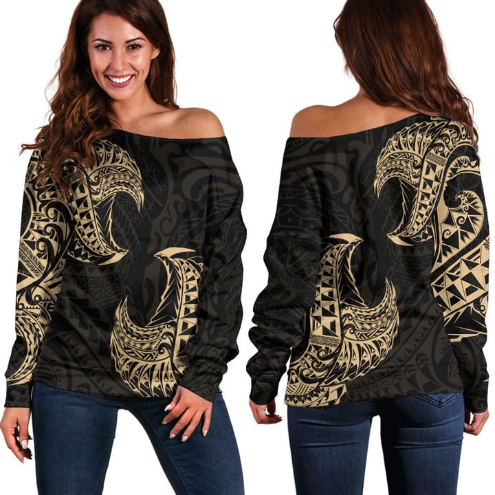Alohawaii Clothing - Polynesian Tattoo Style Tatau - Gold Version Off Shoulder Sweater A7 | Alohawaii