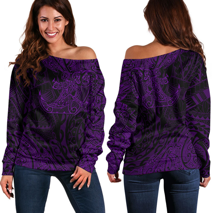 Alohawaii Clothing - Polynesian Tattoo Style Surfing - Purple Version Off Shoulder Sweater A7 | Alohawaii