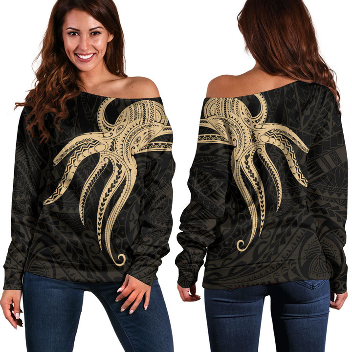 Alohawaii Clothing - Polynesian Tattoo Style Octopus Tattoo - Gold Version Off Shoulder Sweater A7 | Alohawaii