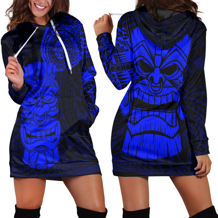 Alohawaii Clothing - Polynesian Tattoo Style Tiki - Blue Version Hoodie Dress A7 | Alohawaii