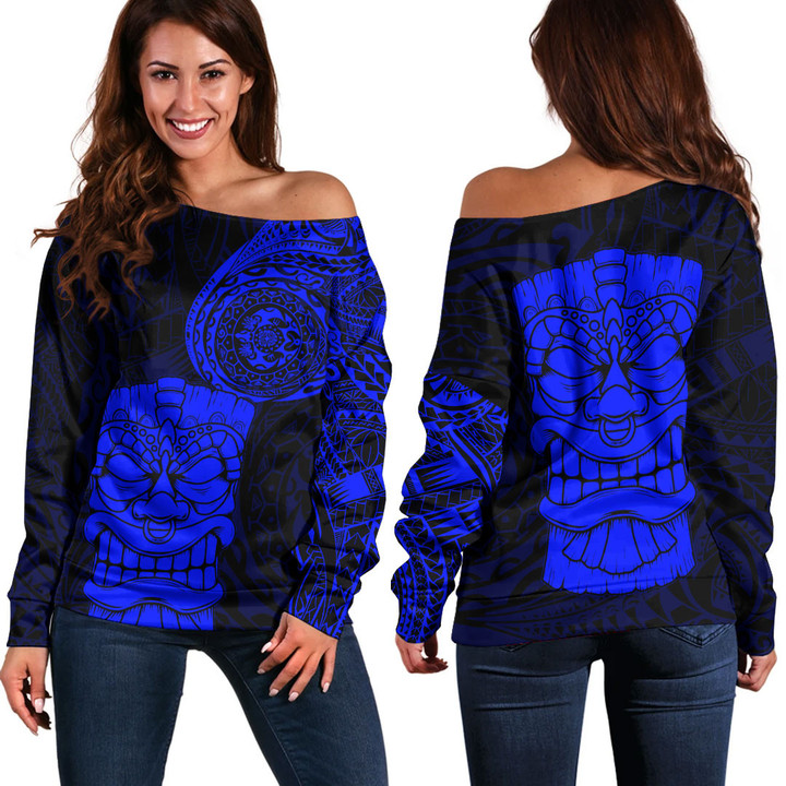 Alohawaii Clothing - Polynesian Tattoo Style Tiki - Blue Version Off Shoulder Sweater A7 | Alohawaii