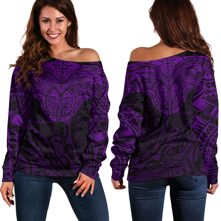 Alohawaii Clothing - Polynesian Tattoo Style Tattoo - Purple Version Off Shoulder Sweater A7 | Alohawaii