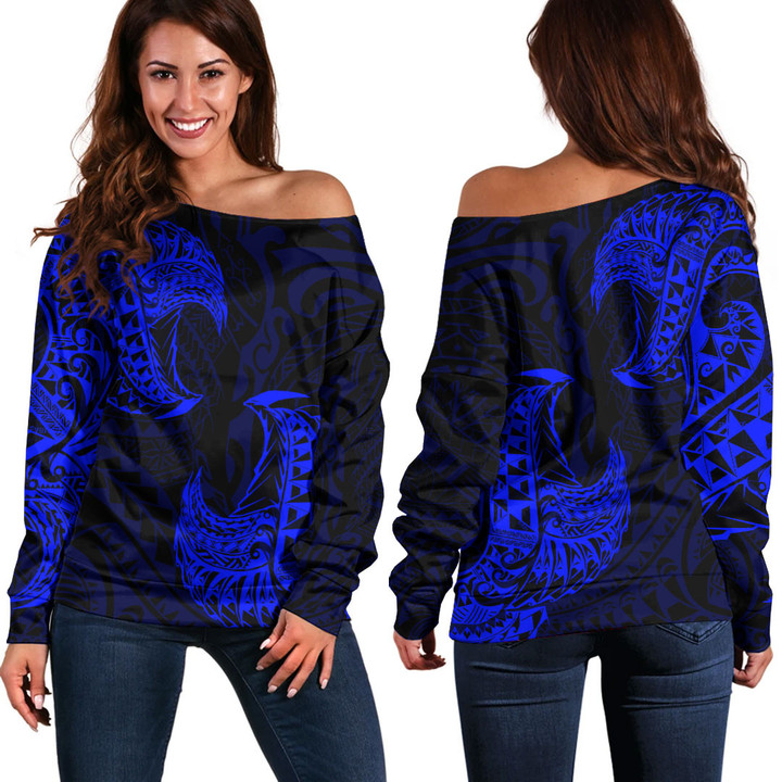 Alohawaii Clothing - Polynesian Tattoo Style Tatau - Blue Version Off Shoulder Sweater A7 | Alohawaii