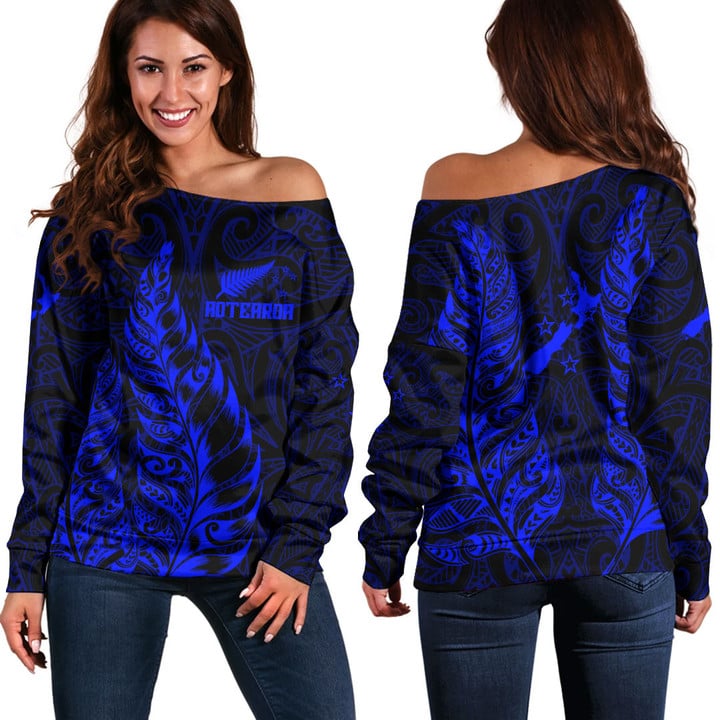Alohawaii Clothing - New Zealand Aotearoa Maori Silver Fern New - Blue Version Off Shoulder Sweater A7 | Alohawaii
