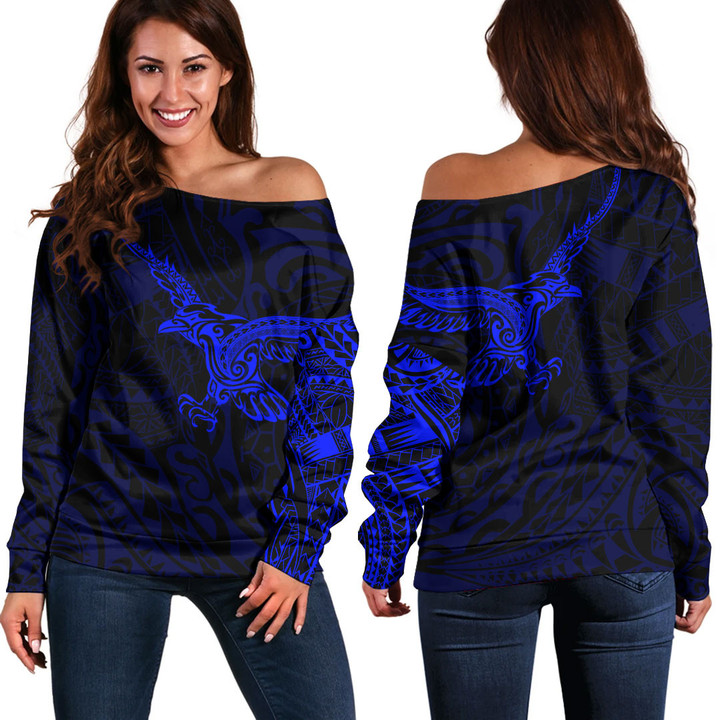 Alohawaii Clothing - Polynesian Tattoo Style Crow - Blue Version Off Shoulder Sweater A7 | Alohawaii