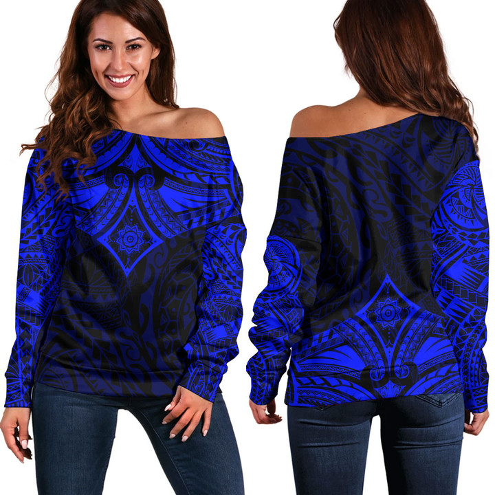 Alohawaii Clothing - Polynesian Tattoo Style Flower - Blue Version Off Shoulder Sweater A7 | Alohawaii