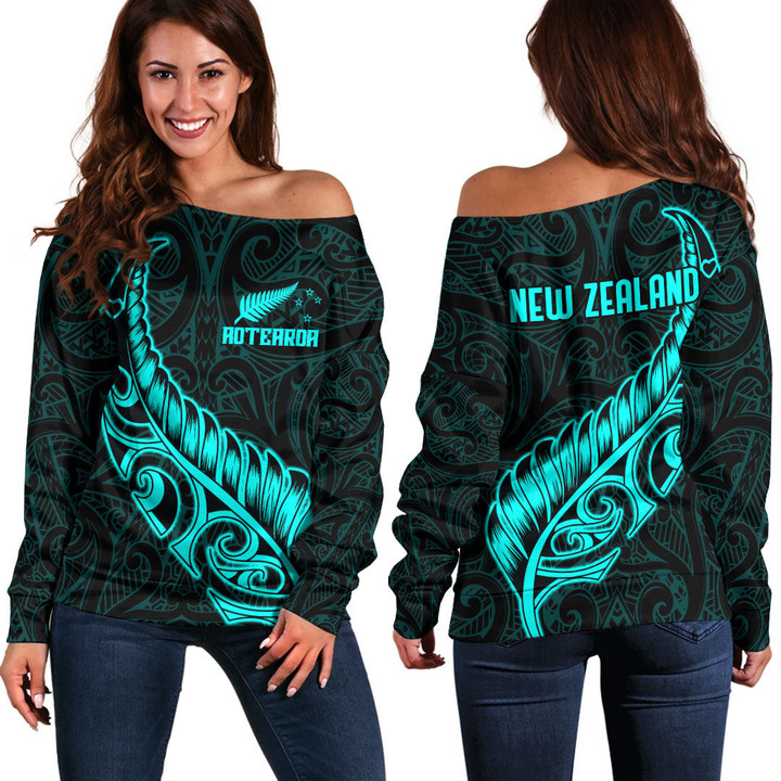 Alohawaii Clothing - New Zealand Aotearoa Maori Fern - Cyan Version Off Shoulder Sweater A7 | Alohawaii